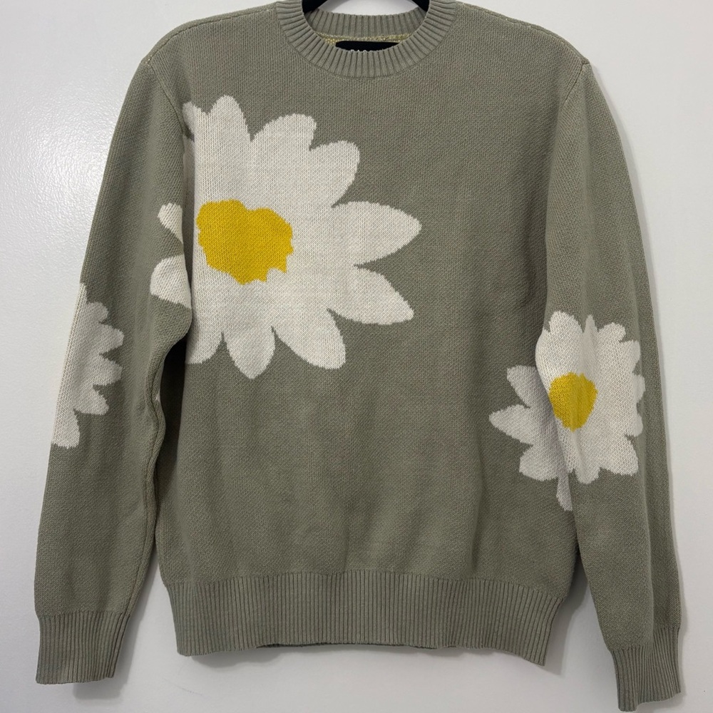 Pacsun Sweater Sage Green with Daisy Pattern Crew Neck Long Sleeve Size Small